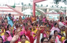 Anganwadi workers protesting for fair salaries