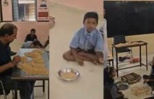 Teachers and children cleaning paddy