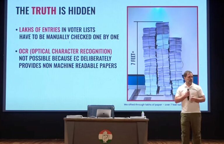 Opposition leader Rahul Gandhi during his "vote theft" presentation in the Lok Sabha.